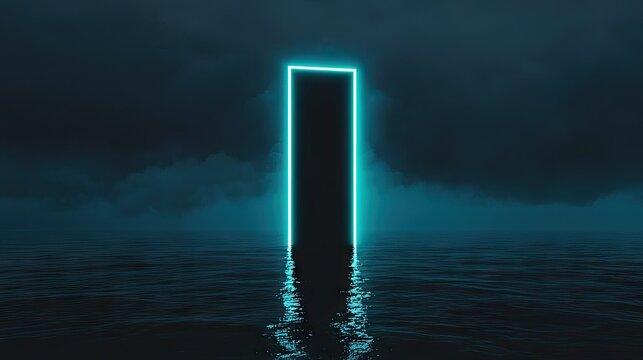 Dark rectangular portal glowing with teal light over water.