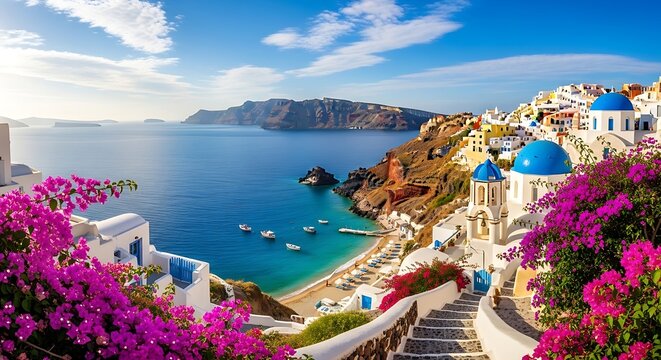 Whitewashed village with blue domes cascades down cliffs to a vibrant beach