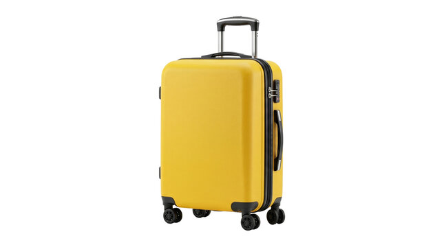 A yellow carry on luggage suitcase standing with wheels and a handle on a transparent background.