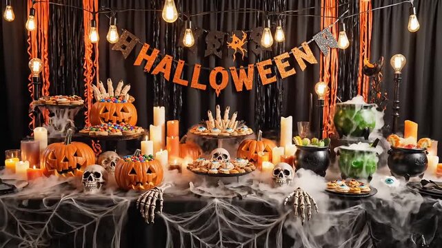 Spooky Halloween candy buffet with pumpkins, skulls, and festive decorations