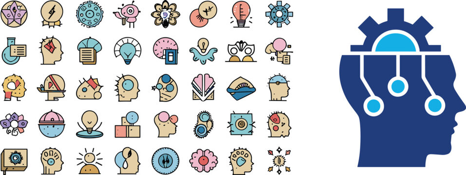 Artificial Intelligence and Human Brain Innovation Flat Line Icon Set Featuring Thinking Head Logic Gear Creativity Idea Bulb Strategy and Psychological Concepts