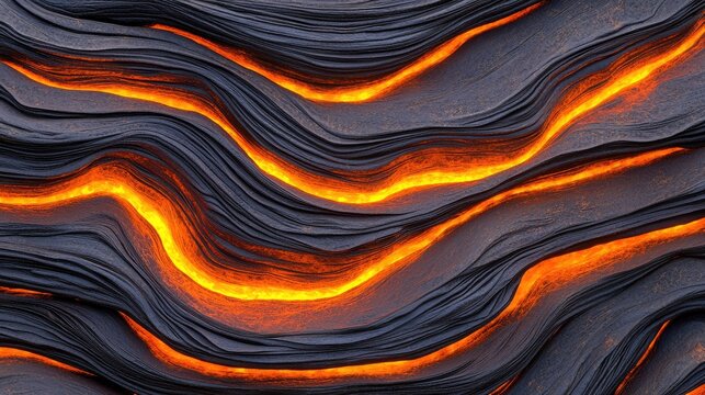 Intricate geological patterns of molten rock flowing through layered rock formations.