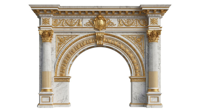 Classic architectural marble archway with ornate golden carvings and ionic columns isolated on transparent background.