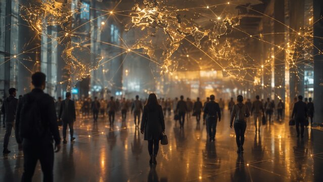 A motion-blurred crowd in a city center features a golden global network overlay, visualizing the constant flow of information, data, and human connectivity
