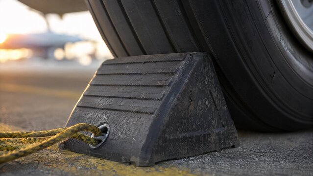 chock. Extreme close-up of a heavy rubber wheel chock positioned against an aircraft tire. mobility guides, transit brochures, designed for mobility and urban transit guides.