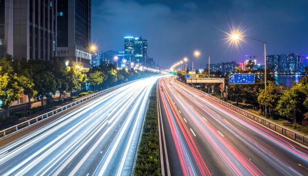 City Highway at Night with Streaking Car Lights.