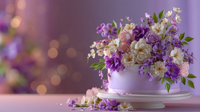Elegant floral celebration cake decorated with pastel purple, pink and white blossoms on a dreamy background with copy space. Perfect for weddings, birthdays, anniversaries and festive events