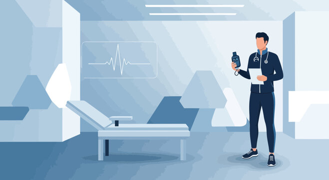 Doctor with medical equipment in a modern hospital room with heart monitor display