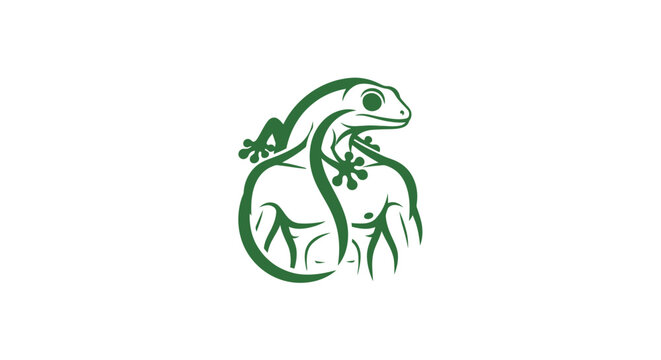 Green Lizard Logo Design with Curved Tail and Leaves.