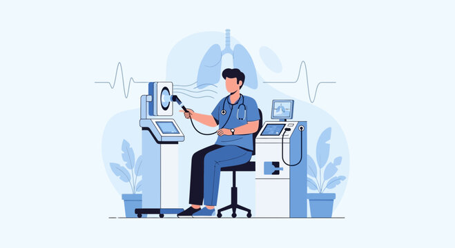 Doctor performing lung function test with advanced medical equipment, illustration