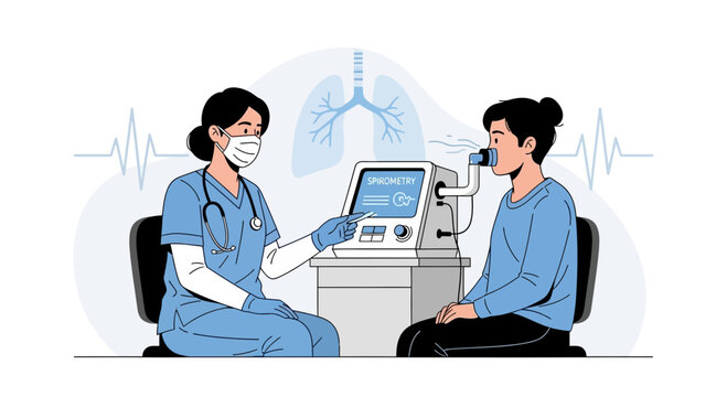 Doctor performing lung function test on patient with spirometer for respiratory health