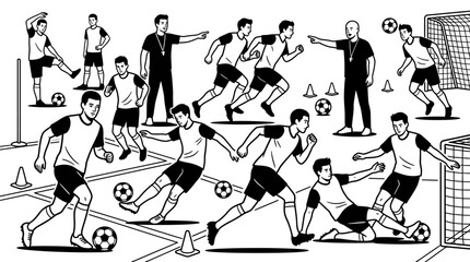 Focused black and white illustration of male soccer players actively training with a coach, performing dribbling and shooting drills with cones on a training pitch. © Alizay sports