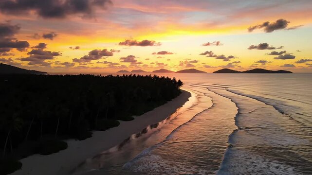 Vibrant tropical sunset paints the sky with fiery colors over a serene beach and lush coastline.