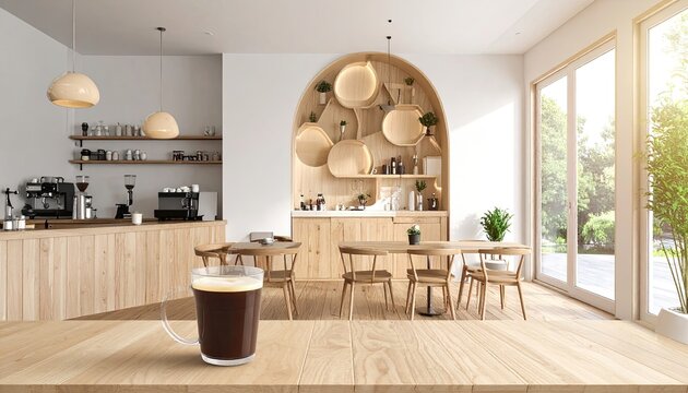 Cozy Cafe Interior with Natural Light and Refreshing Drink.