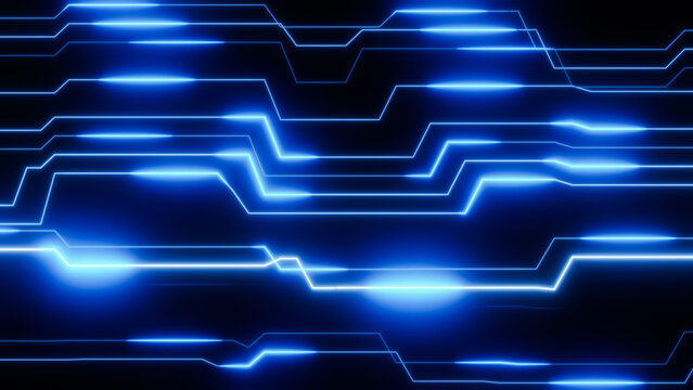Complex network of glowing blue lines forming an intricate technological pattern on a dark background