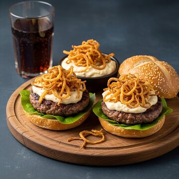 Rustic wooden board with Danish P�lse, served with crispy fried onions, remoulade, and a bun, a glass of soda in the background, top view, high detail.
