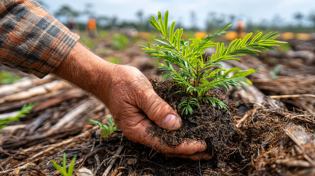 Hand planting a young tree sapling into cultivated soil for reforestation effort with planting
