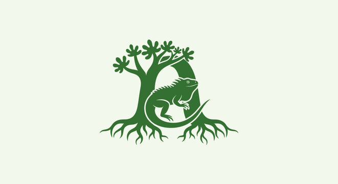 Green lizard curled around tree roots illustration.