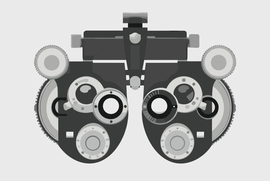 Black and white illustration of a phoropter ophthalmic testing machine used by eye doctors for vision examination and prescription testing.