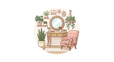 Obraz premium Cozy dressing table area with plush chair and plants.