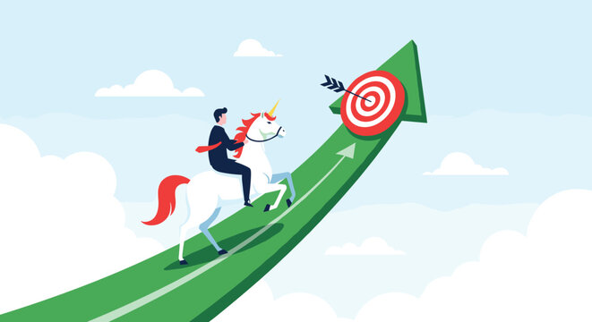 Ambitious businessman riding a unicorn on a rising green arrow towards a target to achieve extraordinary success and goals.