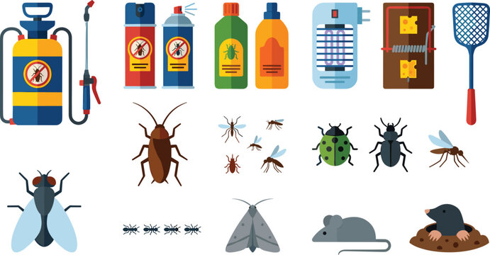 Flat Design Pest Control Collection Set with Sprayer Insecticide Trap Cockroach Fly Ant Ladybug Mouse and Mole for Exterminator Design