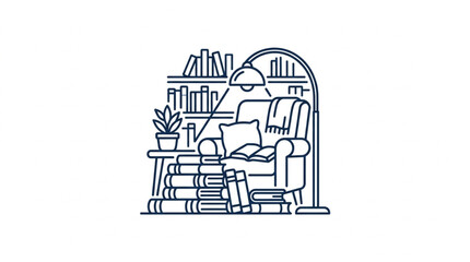 Naklejka premium Cozy Reading Nook with Bookshelf and Armchair Illustration.