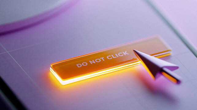 Computermonitor zeigt roten Button mit Aufschrift DO NOT CLICK und Mauszeiger