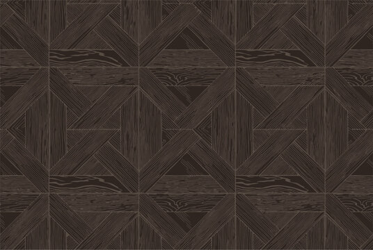 High resolution texture of a dark brown wooden parquet floor in a classic geometric pattern suitable for interior design backdrops.