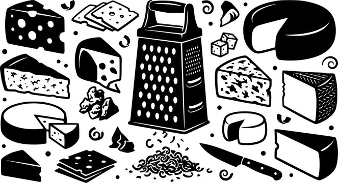 Black and white vector illustration of cheese varieties and grater silhouette elements
