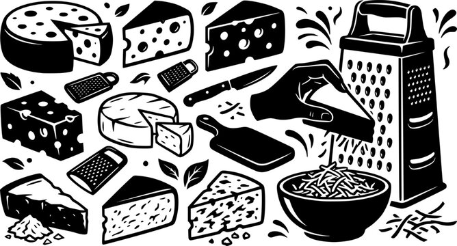 Black and white vector illustration of cheese varieties and grater silhouette elements
