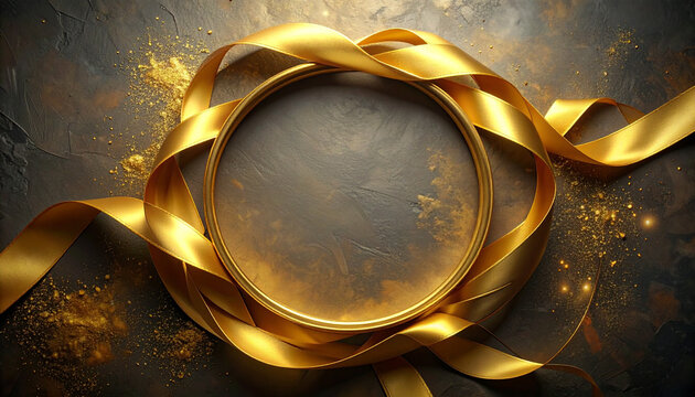 Elegant gold ribbon frame design on dark background with copy space
