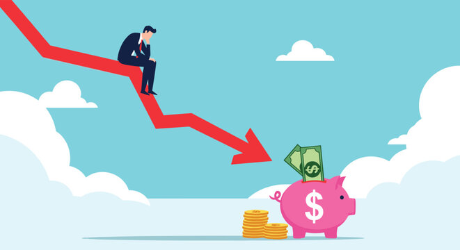 Pensive businessman sitting on a downward trending red chart arrow above a piggy bank reflecting financial loss or bad investment.