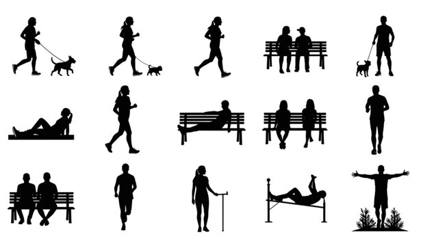People Walking Dogs Running and Sitting Silhouette Collection