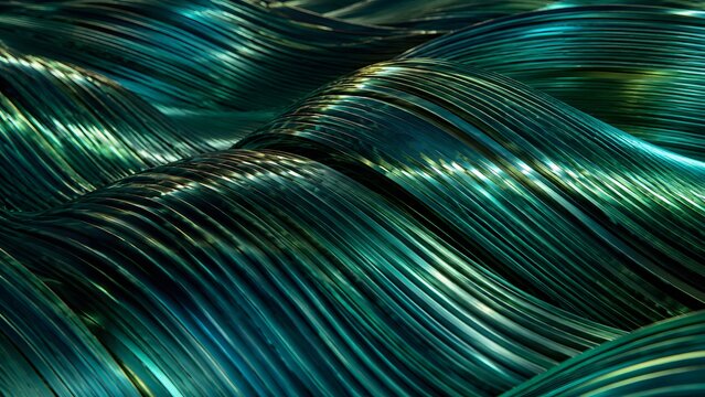 A close up view of abstract wavy emerald green glossy metal wire lines with metallic shine. This 3D textured render is suitable for cosmetic packaging, luxury themes, or elegant backdrops.