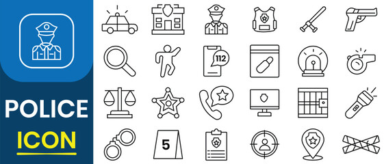 Police icon set. Police equipment or Detective icon set. Law and justice line icons collection. Outline icon of jail, arrest, investigate, weapon, cop, handcuffs, police station. Vector illustration. © Icon Store