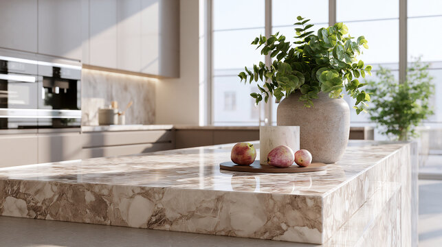 Premium Marble Kitchen Countertop Display in Sunlit Contemporary Home Interior