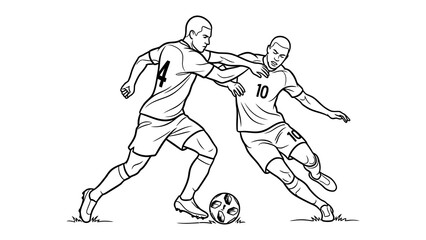 Fototapeta premium Soccer players coloring page illustration showing athletes competing on the field.