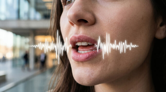 Woman with sound wave near mouth.