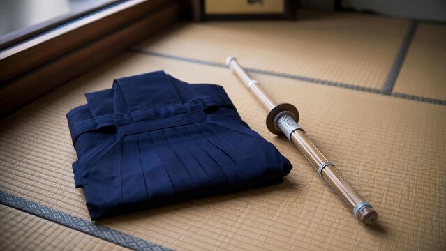 hakama. A neatly folded deep blue hakama and bamboo sword on tatami mat flooring. event programs, museum guides, designed for cultural heritage projects and event programs, supports education.
