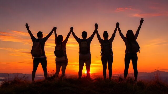 High quality photo of five hikers in silhouette showcasing raised hands at sunset on a mountain peak. This motivational image is perfect for team building and travel websites.
