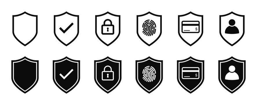 Security shield icon set. Shield symbol with checkmark, lock, fingerprint, payment card and user profile icons 