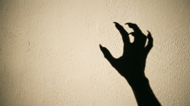 Spooky monster claw hand shadow on texture wall background scary creature silhouette fingers nails halloween horror thriller nightmare mystery concept.