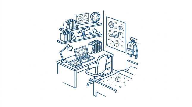 Home office desk with computer and supplies illustration.