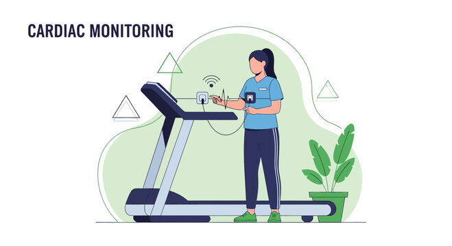 Cardiac Monitoring During Treadmill Exercise: Woman with ECG Monitor on Treadmill
