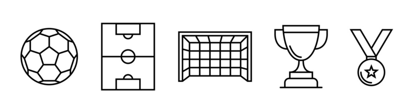 Set of Soccer ball, Field, Goal Net, Cup and Medal Prize icon for Football champion