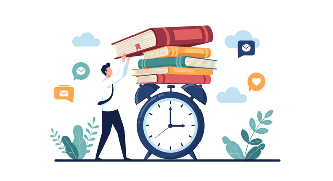 Professional man carefully stacking a pile of books on top of a large alarm clock to balance continuous learning with time management.