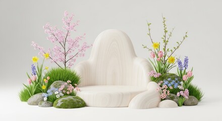 Fototapeta premium A stylized, light wood throne sits amidst a lush, miniature garden. The throne is shaped like a friendly, rounded creature.