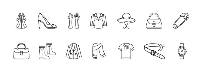 Fototapeta premium Fashion and clothing collection. Fashion-related apparel symbols featuring dress, high heels, gloves, jacket, hat, handbag, baby pacifier, briefcase, boots, coat, scarf, t-shirt, belt, and wristwatch.