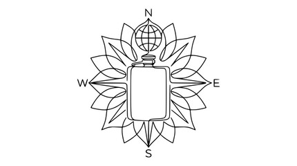Fototapeta premium Perfume Bottle Compass Globe Logo Line Art Continuous Drawing